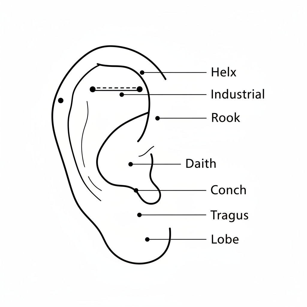 Ear piercing positions diagram — Helix, Industrial, Rook, Daith, Conch, Tragus, Lobe
