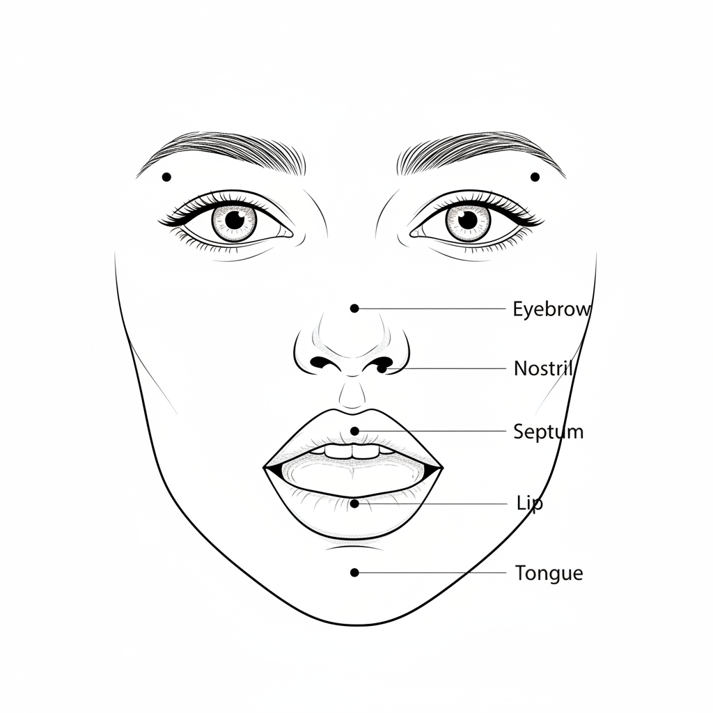 Facial piercing positions diagram — Eyebrow, Nostril, Septum, Lip, Tongue